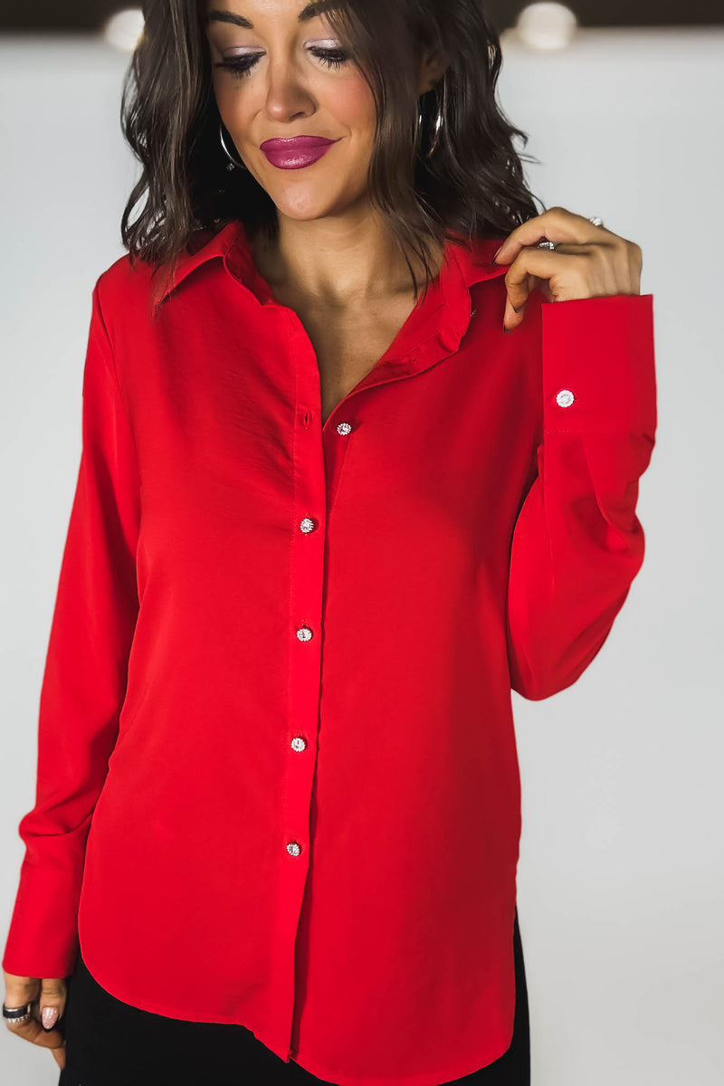 Red Textured Crepe Rhinestone Button Dress Shirt