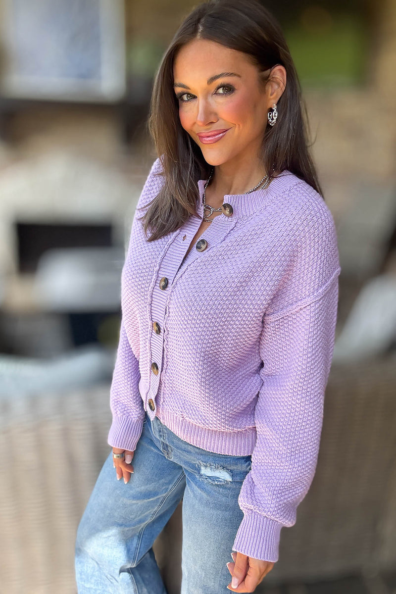 Lilac Long Sleeve Button Closure Knit Sweater
