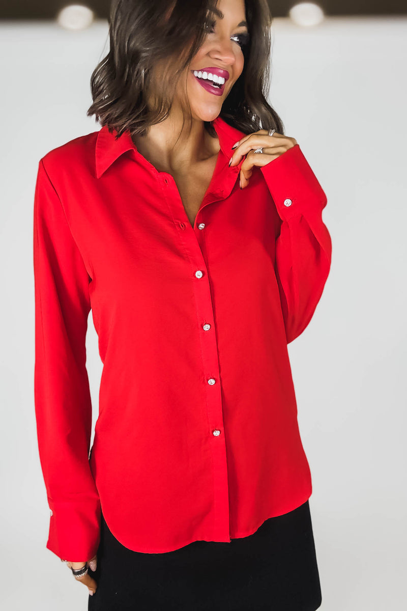 Red Textured Crepe Rhinestone Button Dress Shirt