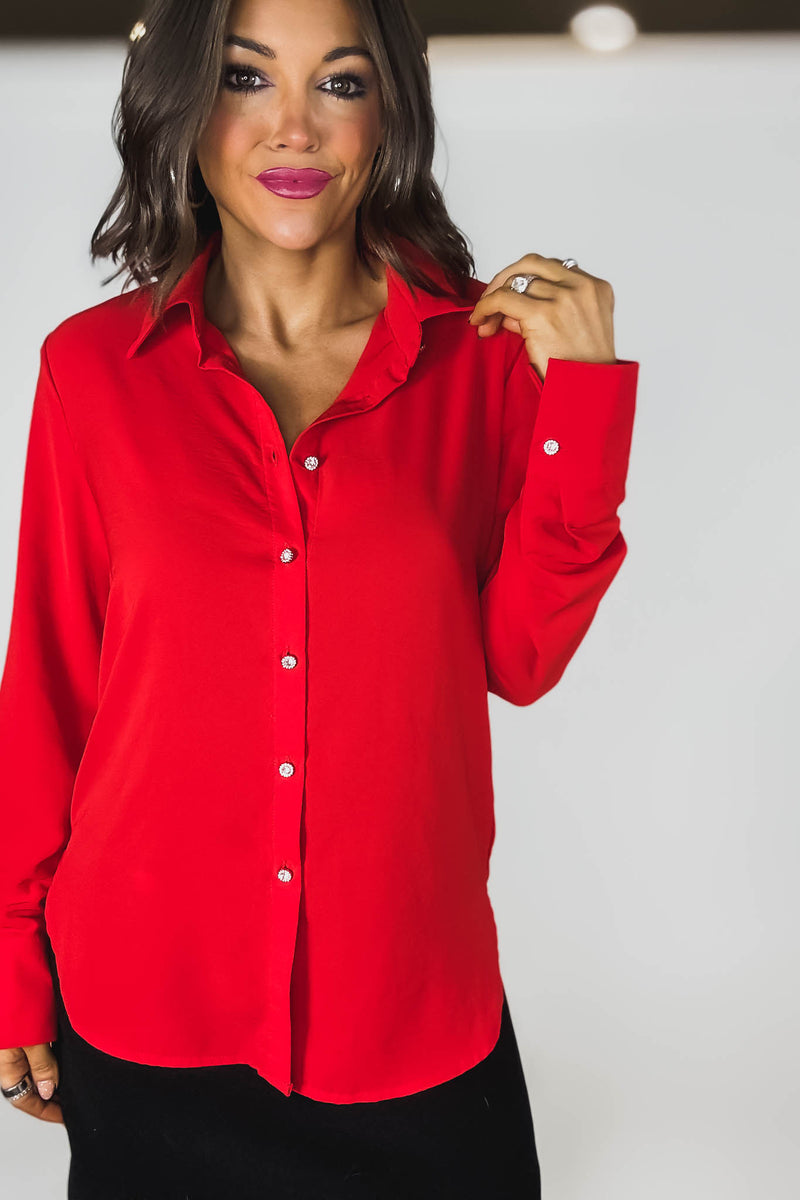 Red Textured Crepe Rhinestone Button Dress Shirt
