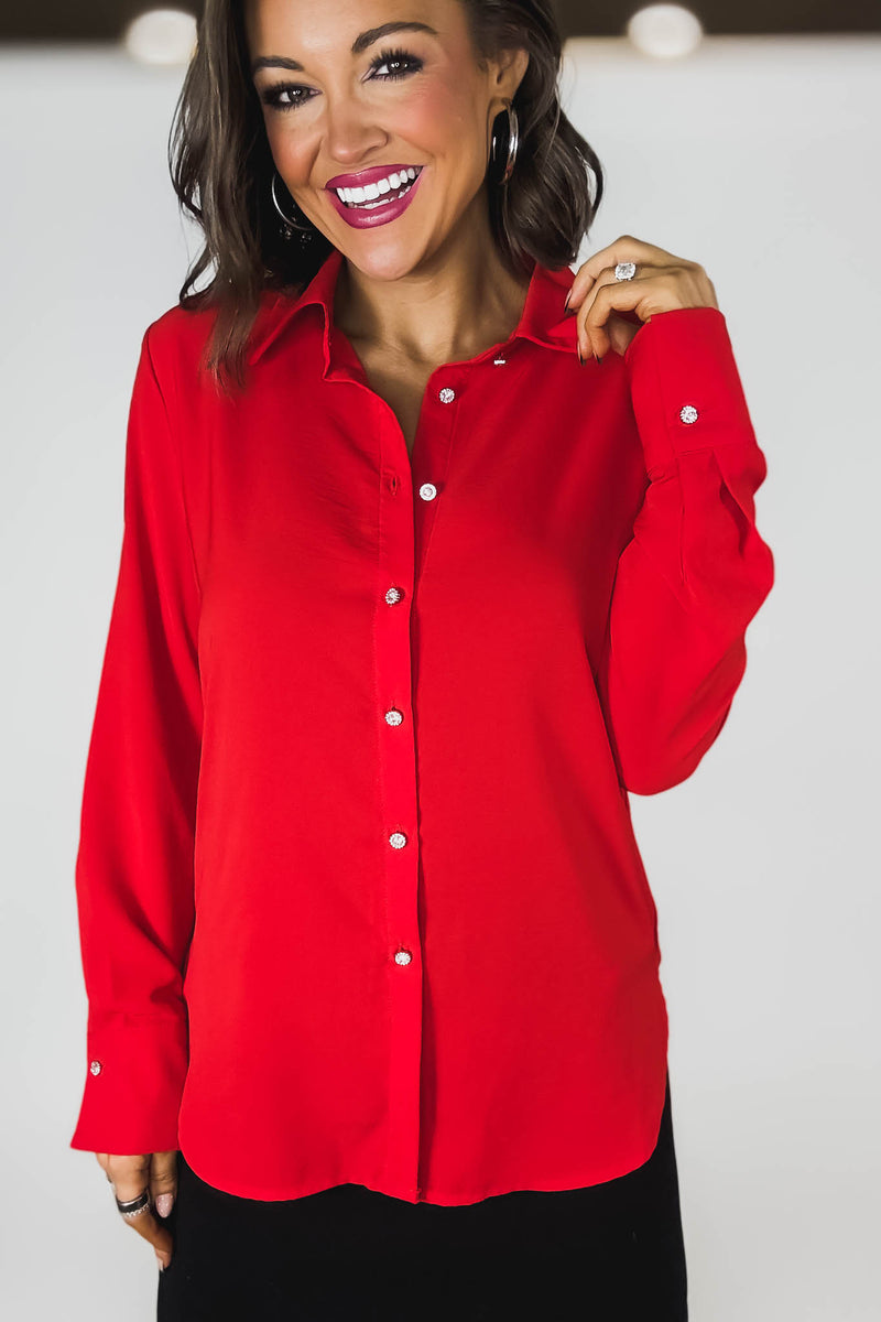 Red Textured Crepe Rhinestone Button Dress Shirt