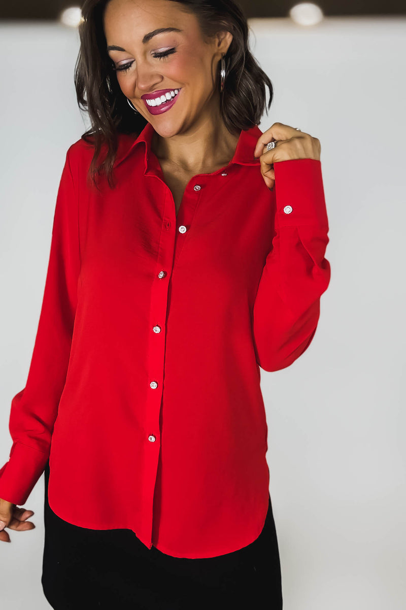 Red Textured Crepe Rhinestone Button Dress Shirt