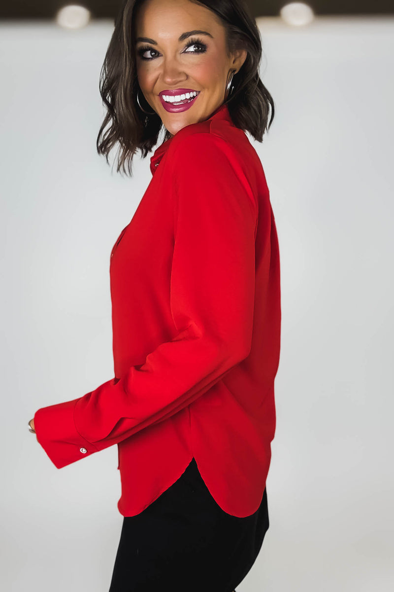 Red Textured Crepe Rhinestone Button Dress Shirt