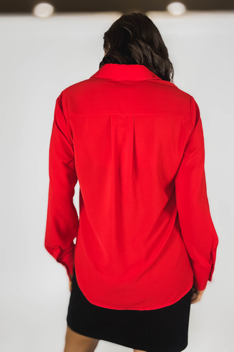 Red Textured Crepe Rhinestone Button Dress Shirt