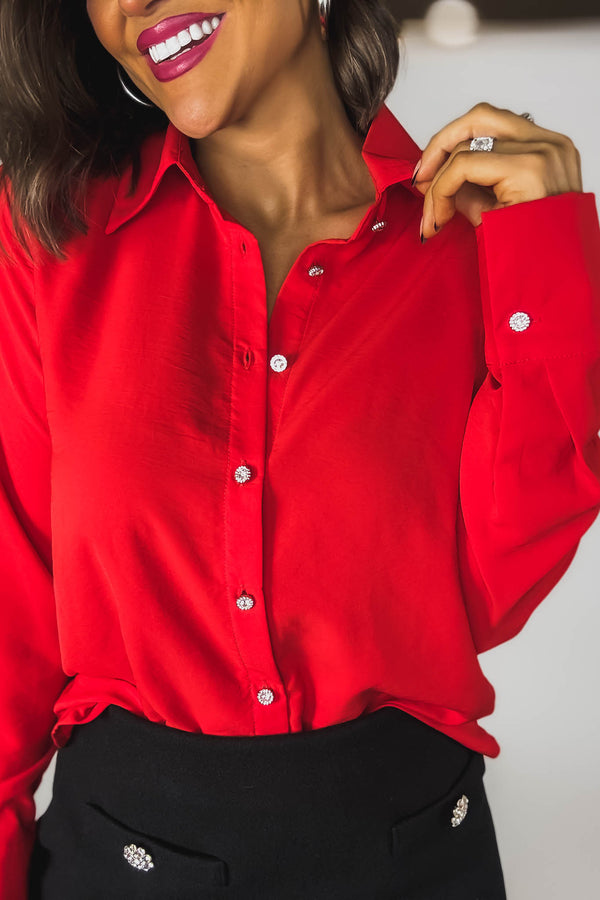Red Textured Crepe Rhinestone Button Dress Shirt