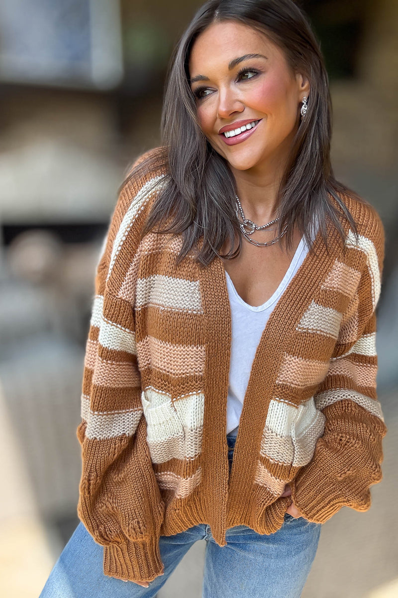 Stripe Crochet Knit Detail Pocket Open Cardigan