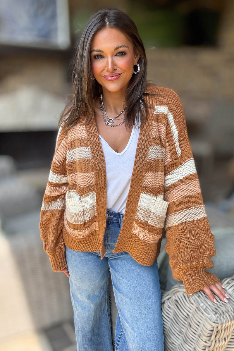 Stripe Crochet Knit Detail Pocket Open Cardigan