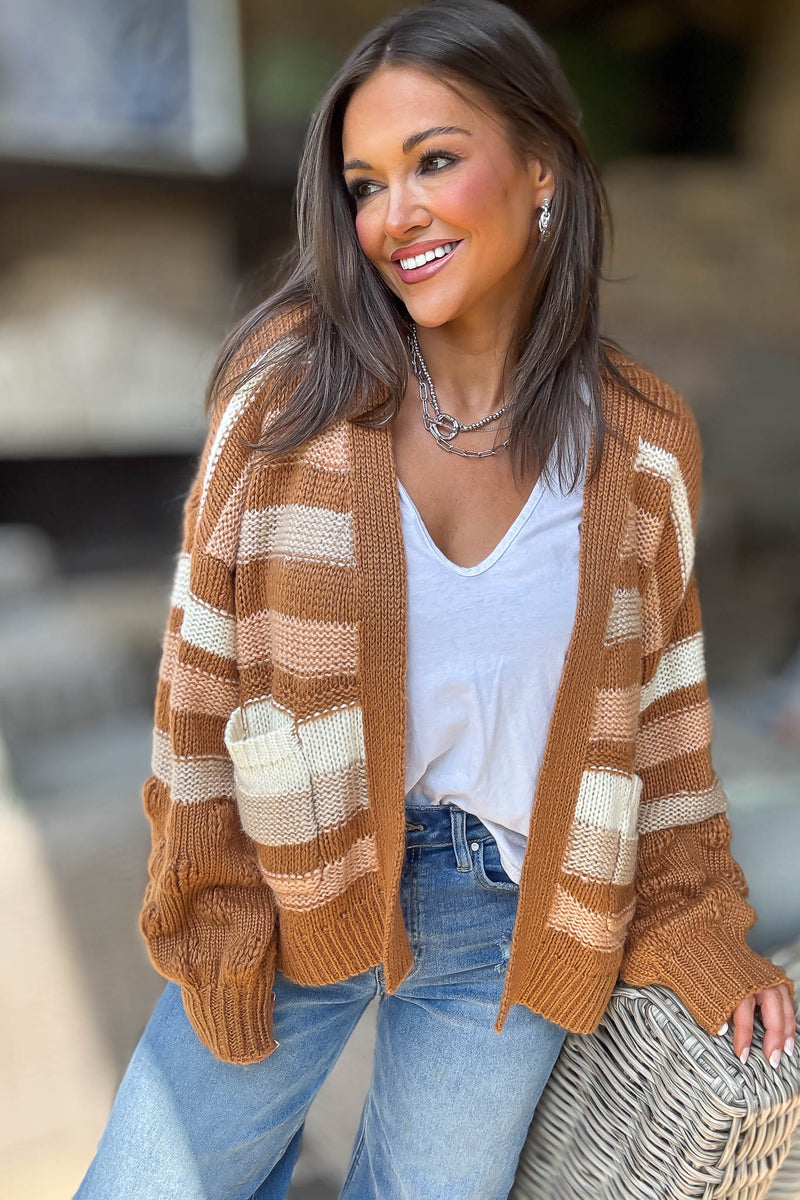 Stripe Crochet Knit Detail Pocket Open Cardigan
