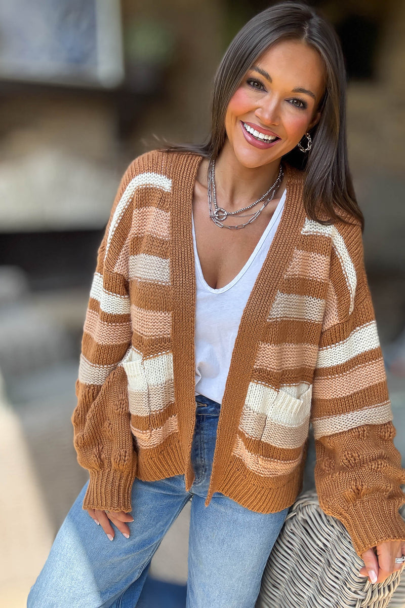 Stripe Crochet Knit Detail Pocket Open Cardigan