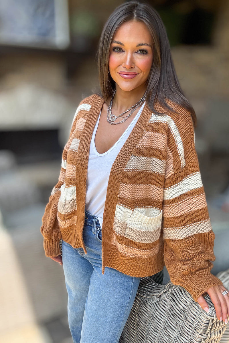 Stripe Crochet Knit Detail Pocket Open Cardigan