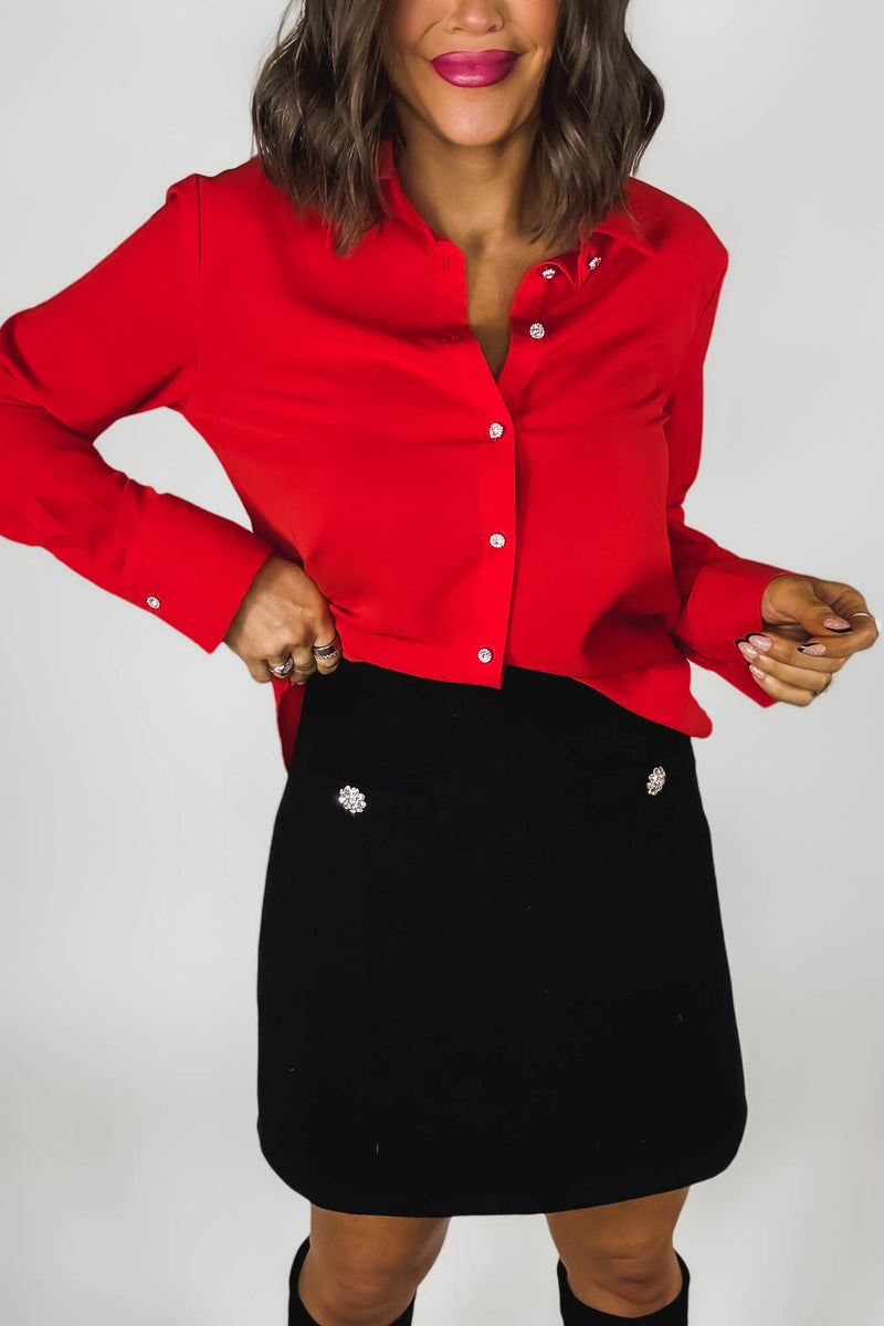 Black Brush Double Line Flower Zircon Trim Skirt