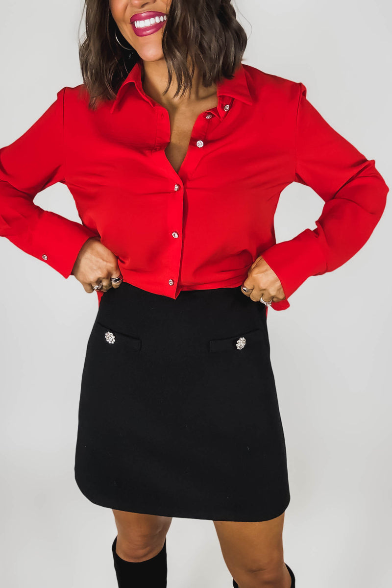 Black Brush Double Line Flower Zircon Trim Skirt