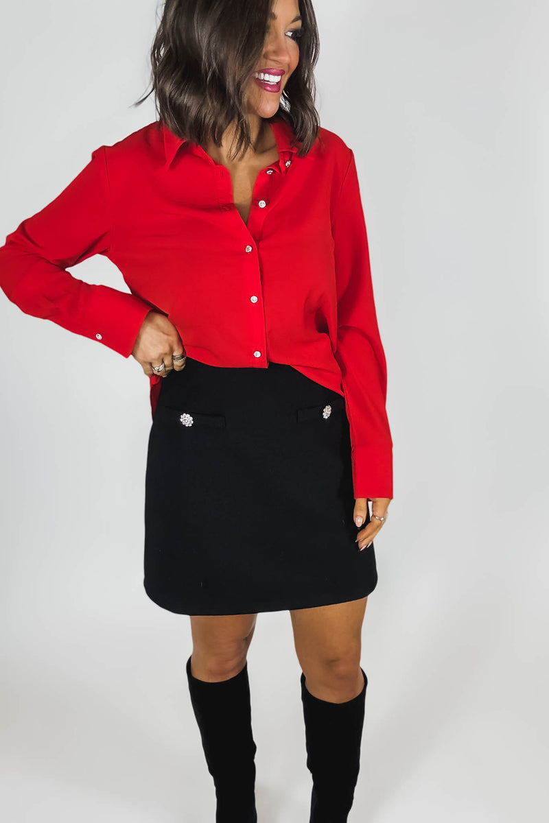 Red Textured Crepe Rhinestone Button Dress Shirt