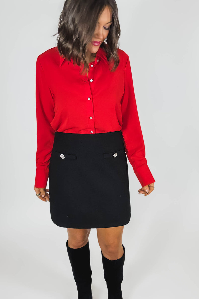 Black Brush Double Line Flower Zircon Trim Skirt