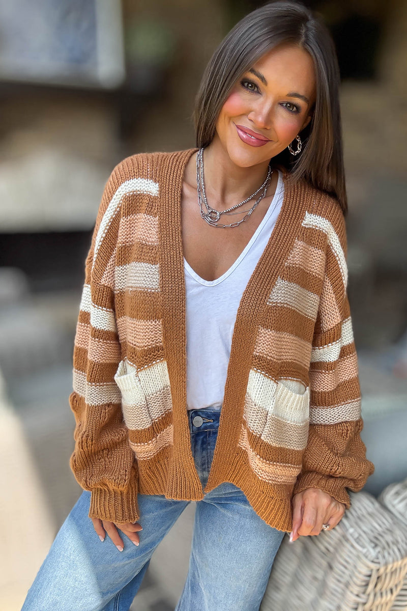 Stripe Crochet Knit Detail Pocket Open Cardigan