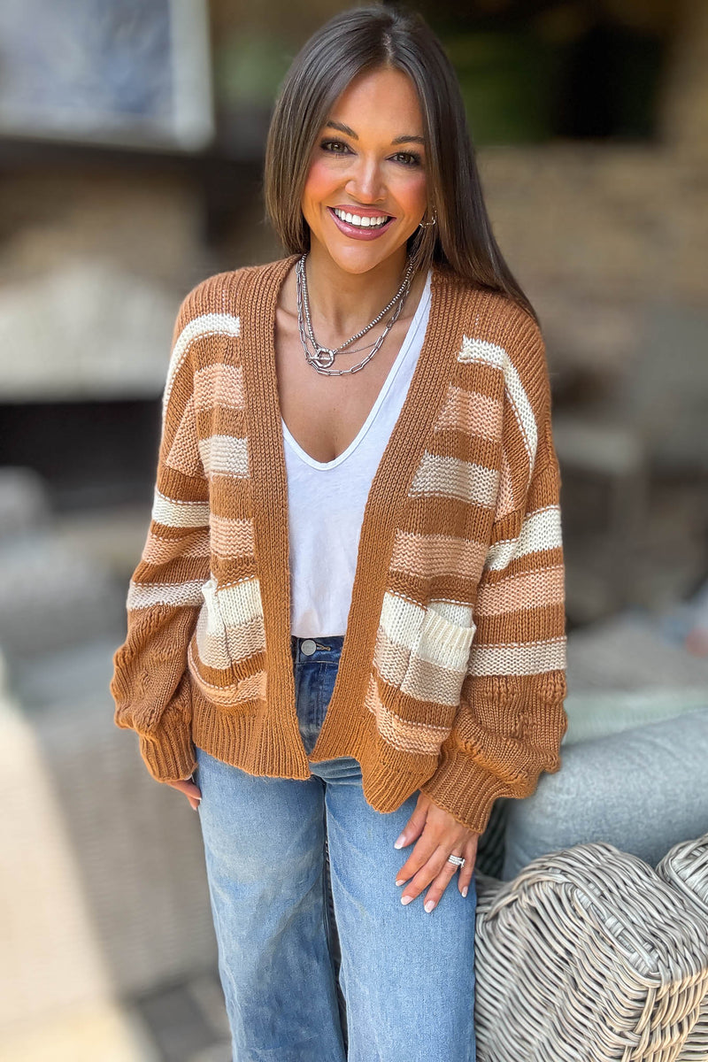 Stripe Crochet Knit Detail Pocket Open Cardigan