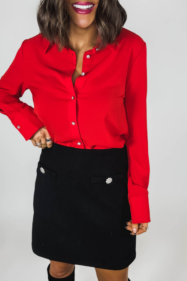 Black Brush Double Line Flower Zircon Trim Skirt