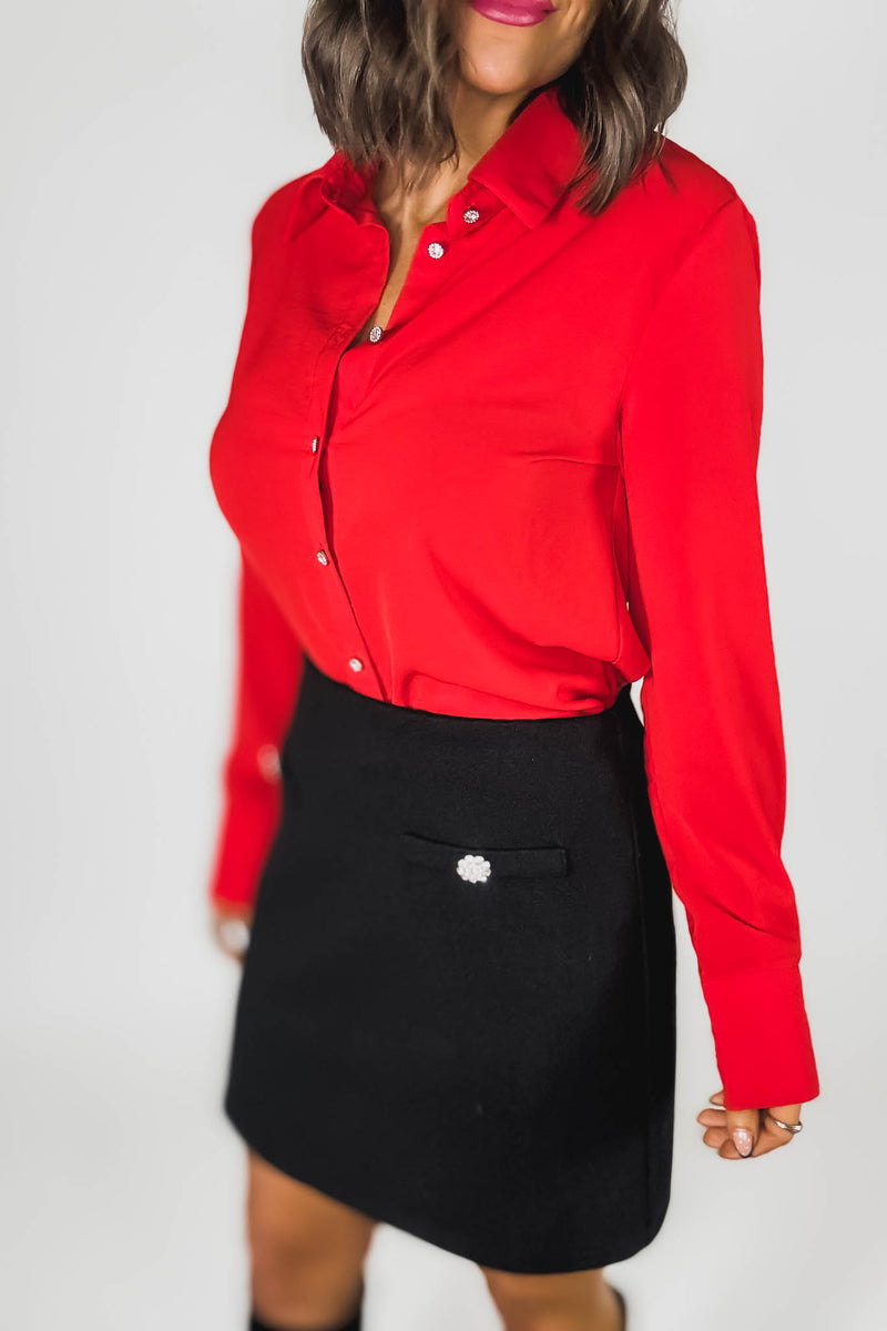 Black Brush Double Line Flower Zircon Trim Skirt