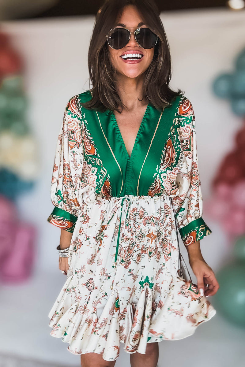 Green And Multi Floral Tie Front Waisted Dress