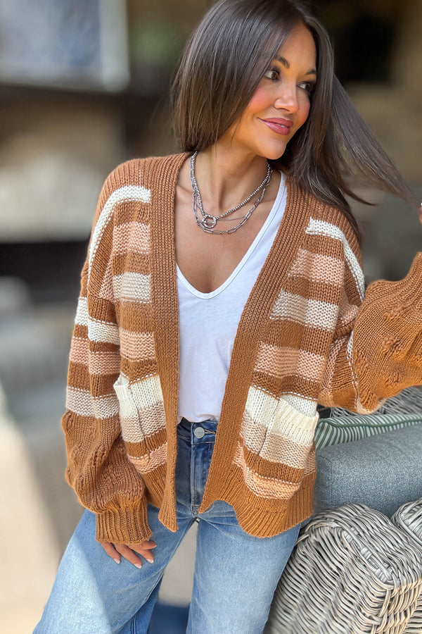 Stripe Crochet Knit Detail Pocket Open Cardigan