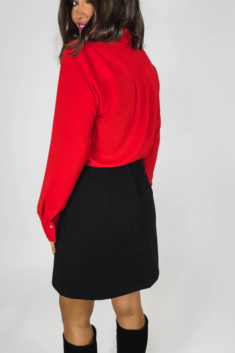 Black Brush Double Line Flower Zircon Trim Skirt