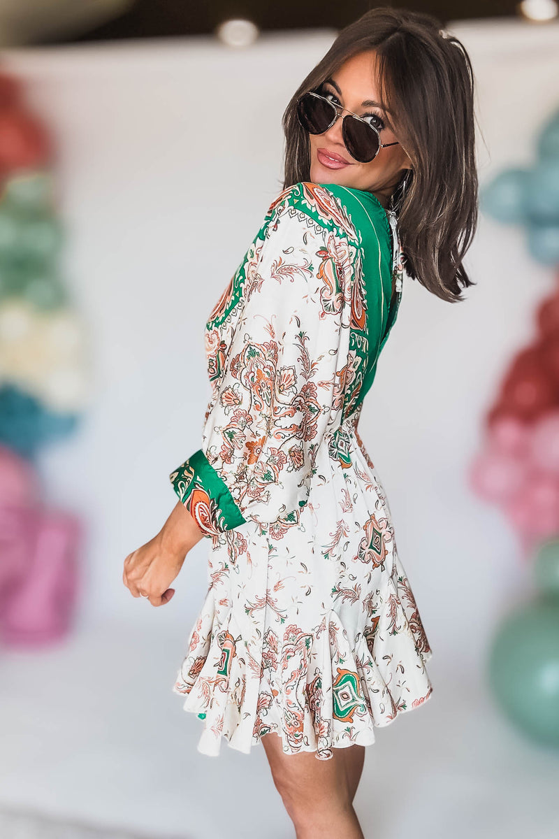 Green And Multi Floral Tie Front Waisted Dress