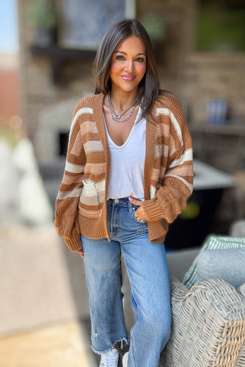 Stripe Crochet Knit Detail Pocket Open Cardigan