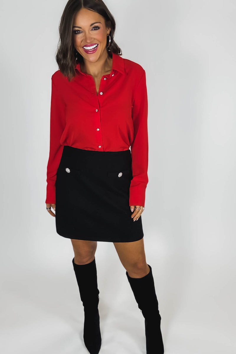 Red Textured Crepe Rhinestone Button Dress Shirt