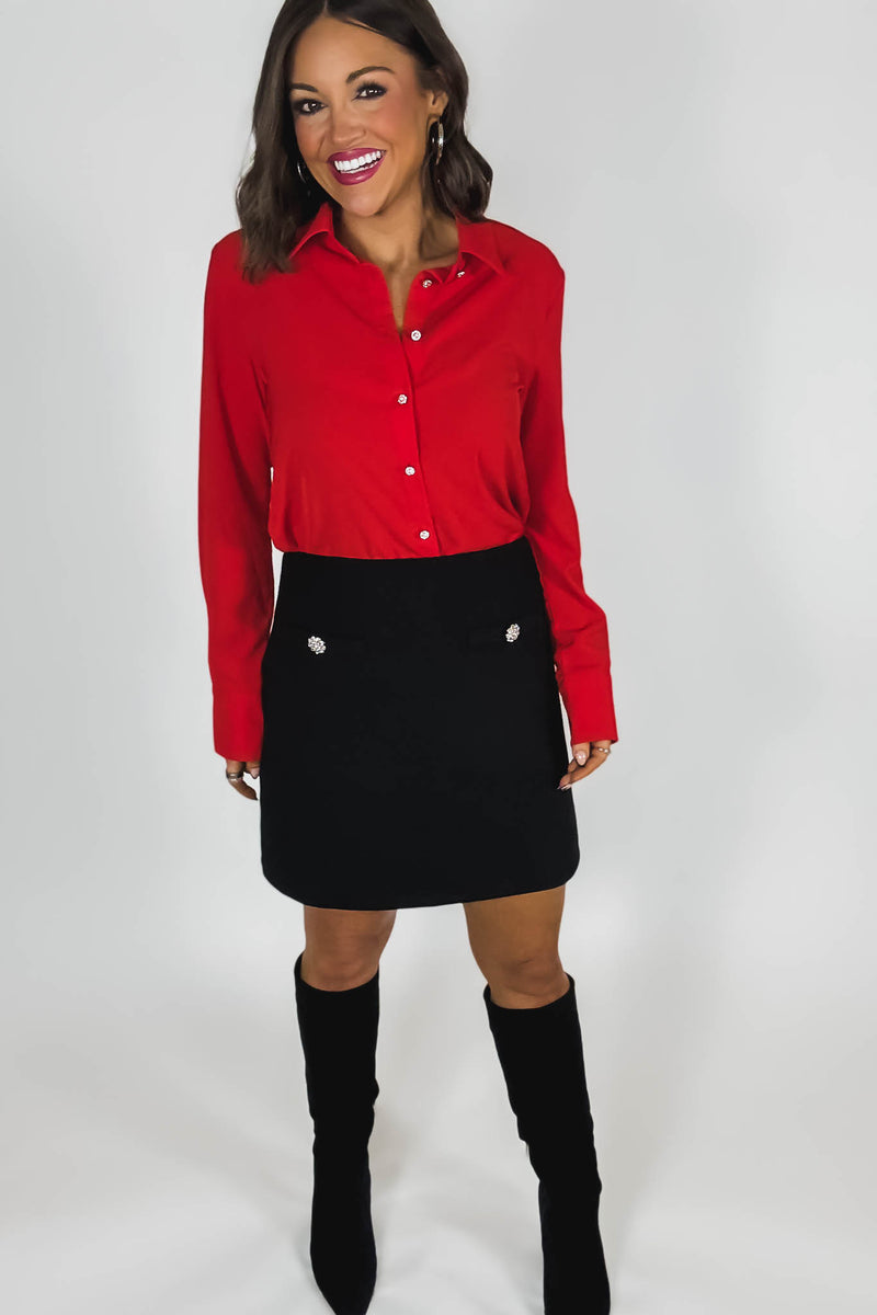 Black Brush Double Line Flower Zircon Trim Skirt