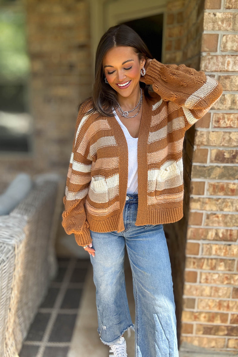 Stripe Crochet Knit Detail Pocket Open Cardigan