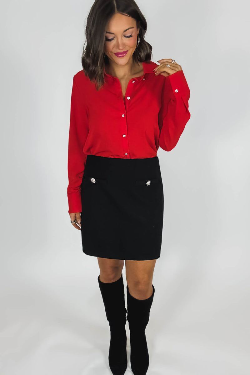 Black Brush Double Line Flower Zircon Trim Skirt