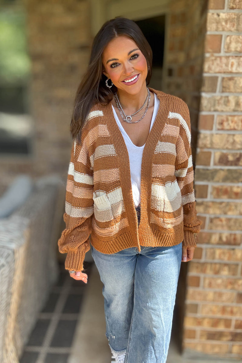 Stripe Crochet Knit Detail Pocket Open Cardigan