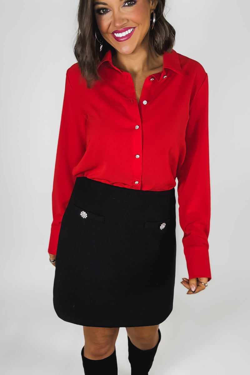 Red Textured Crepe Rhinestone Button Dress Shirt