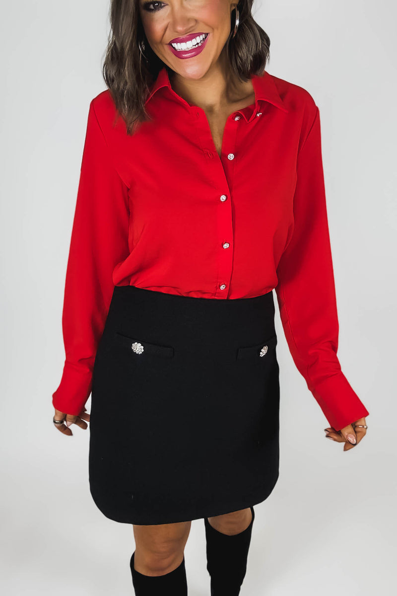 Red Textured Crepe Rhinestone Button Dress Shirt