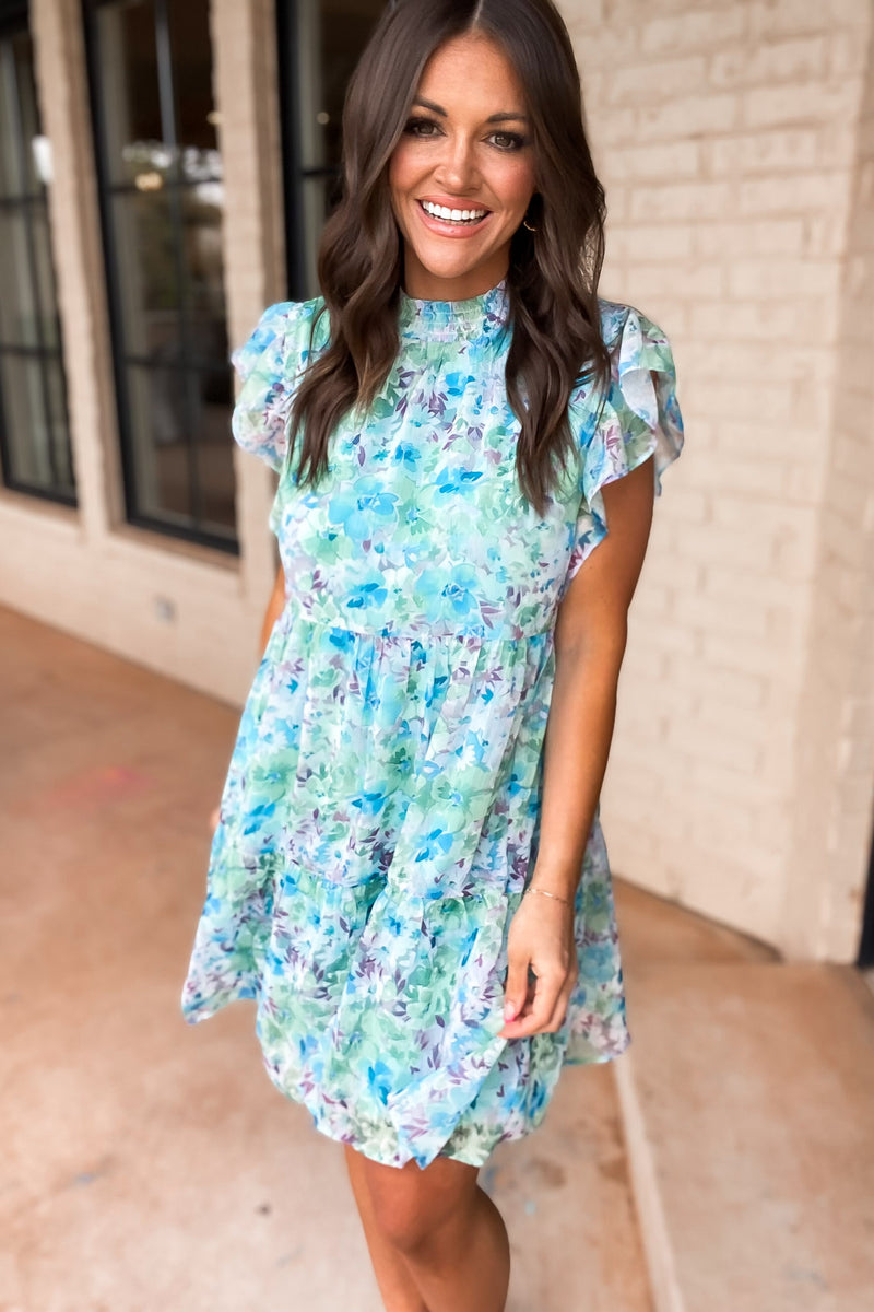 Whisk Me Away Floral Chiffon Smock Neck Tiered Dress