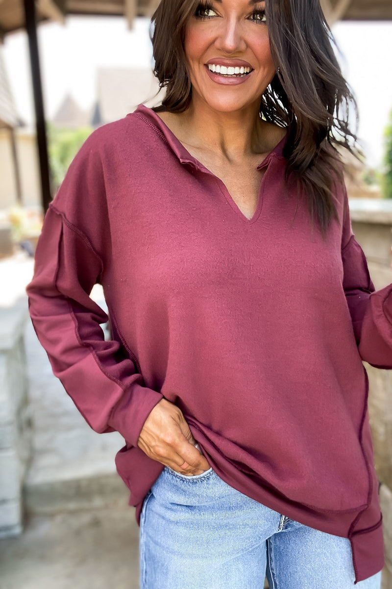 Blissfully Marsala Fleece French Terry Top