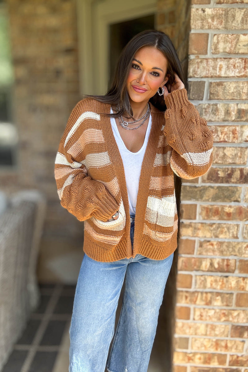 Stripe Crochet Knit Detail Pocket Open Cardigan