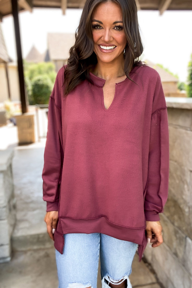 Blissfully Marsala Fleece French Terry Top