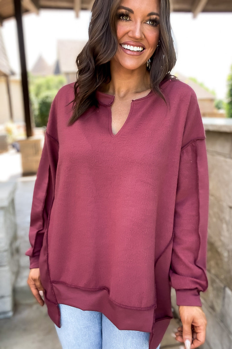 Blissfully Marsala Fleece French Terry Top