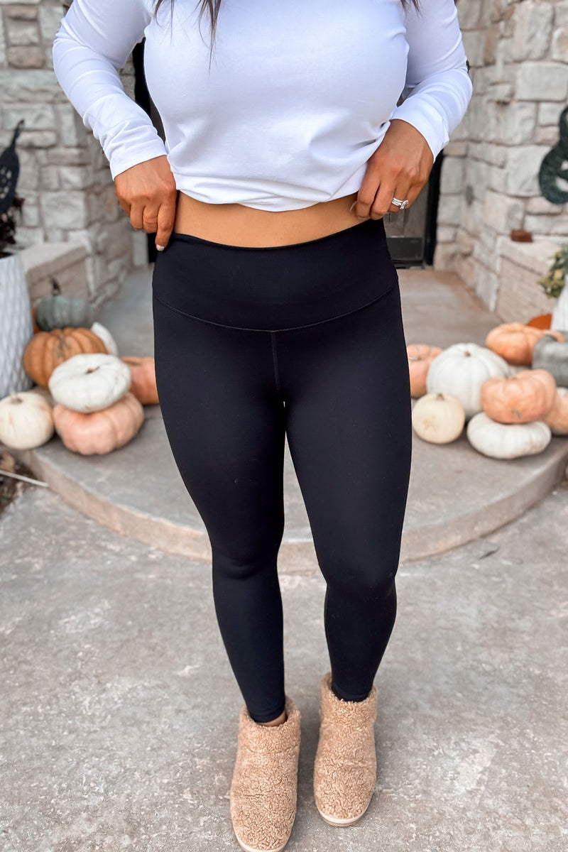 Tapered Black Band Solid Leggings with Back Pockets