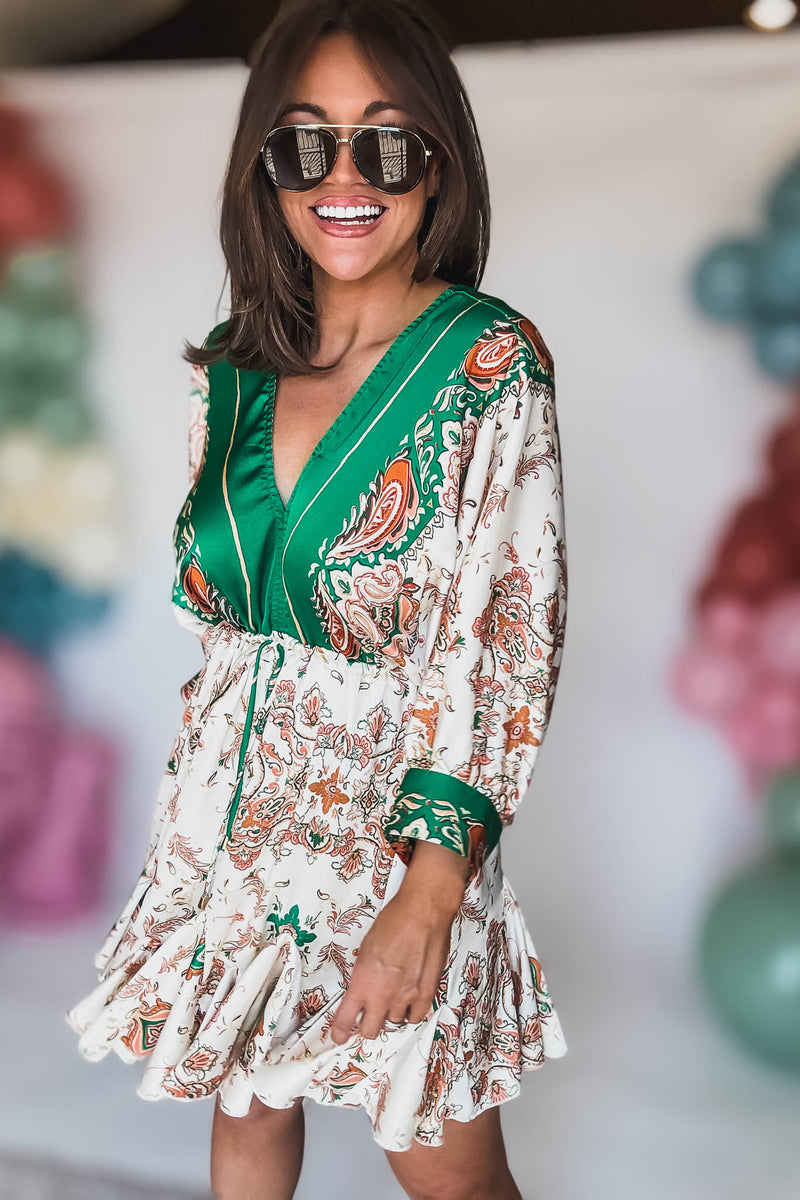 Green And Multi Floral Tie Front Waisted Dress