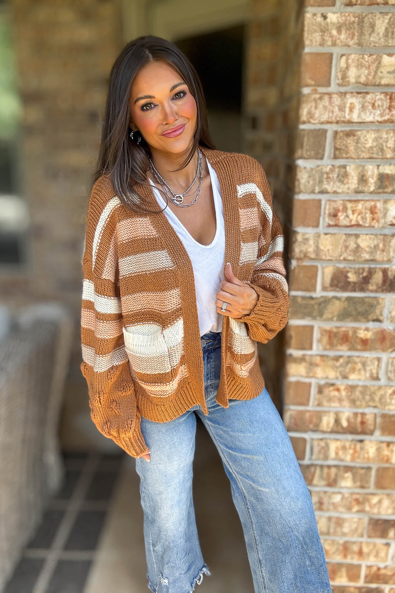Stripe Crochet Knit Detail Pocket Open Cardigan