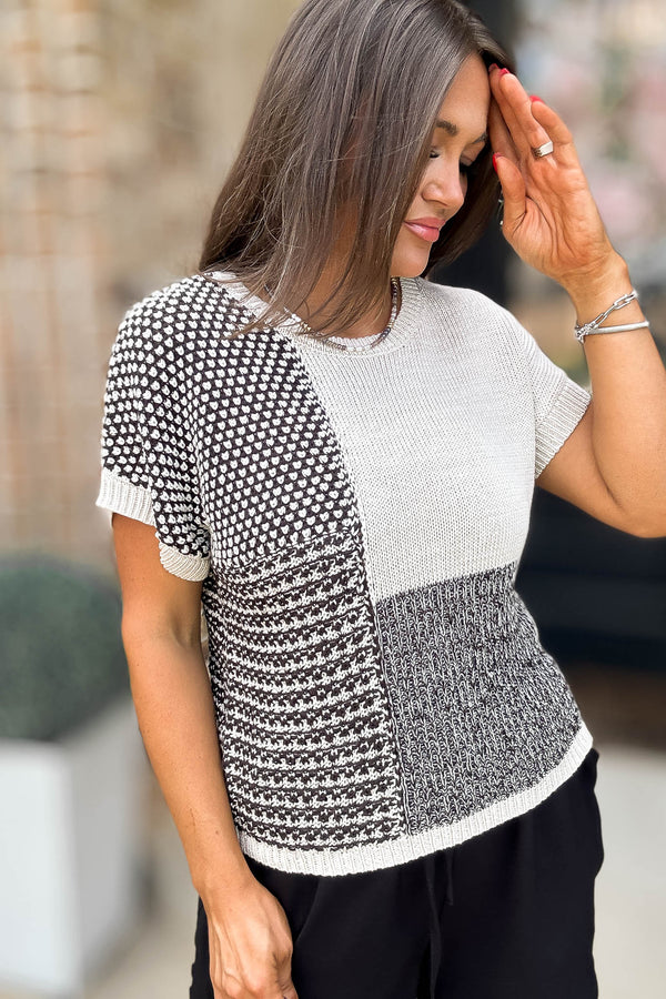 Multi Pattern Black Colorblock Short Sleeve Sweater Top