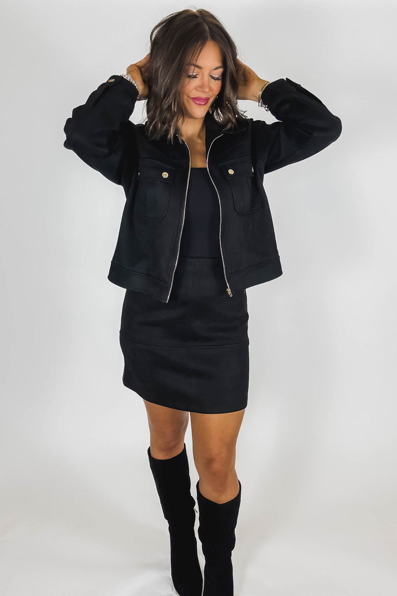 Black Suede Gold Trim Breast Pocketed Shacket