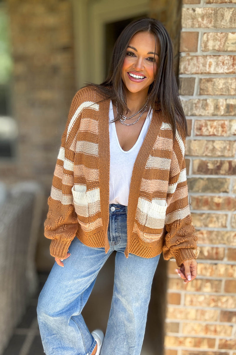 Stripe Crochet Knit Detail Pocket Open Cardigan