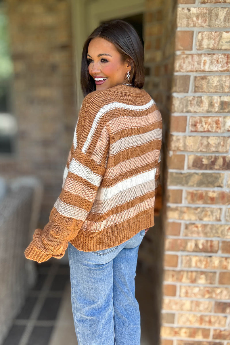 Stripe Crochet Knit Detail Pocket Open Cardigan