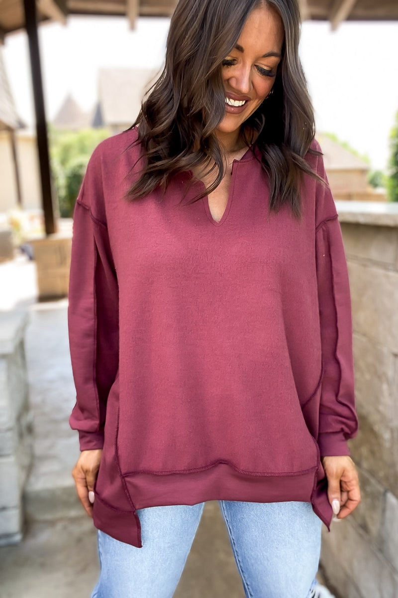 Blissfully Marsala Fleece French Terry Top