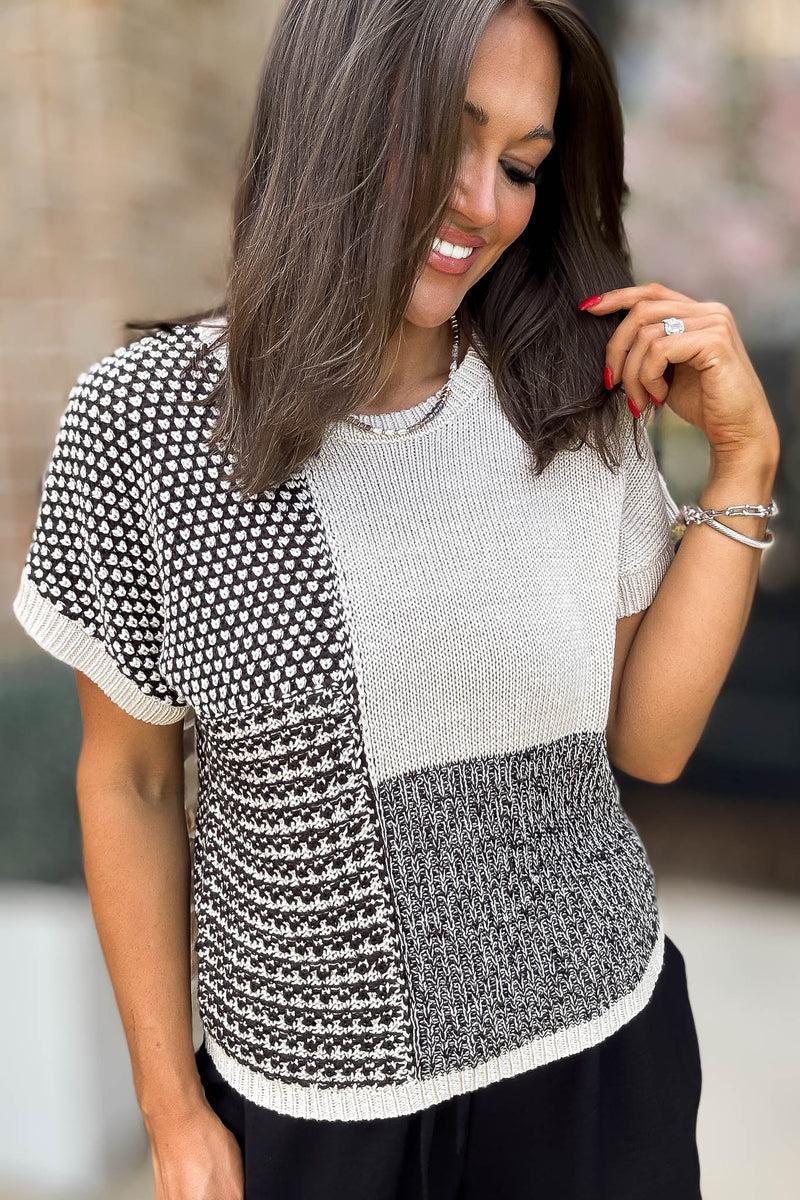 Multi Pattern Black Colorblock Short Sleeve Sweater Top