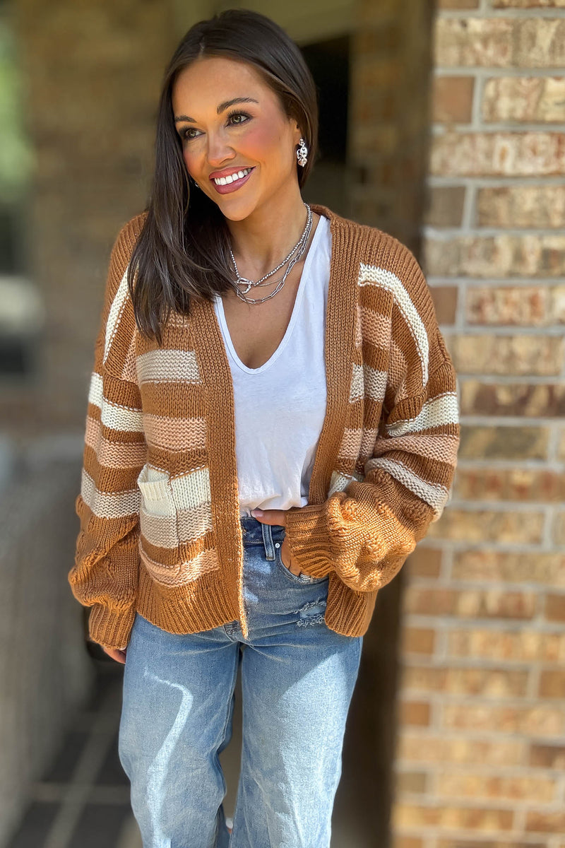 Stripe Crochet Knit Detail Pocket Open Cardigan