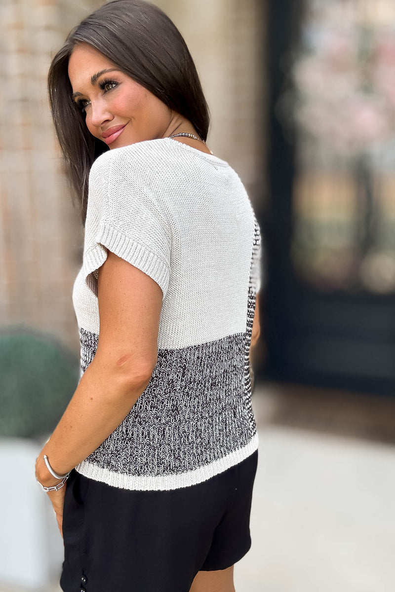 Multi Pattern Black Colorblock Short Sleeve Sweater Top